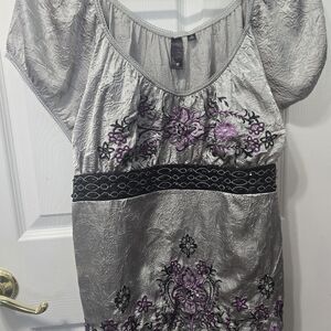 Halo Embellished Silver and Purple Puff Sleeve Blouse